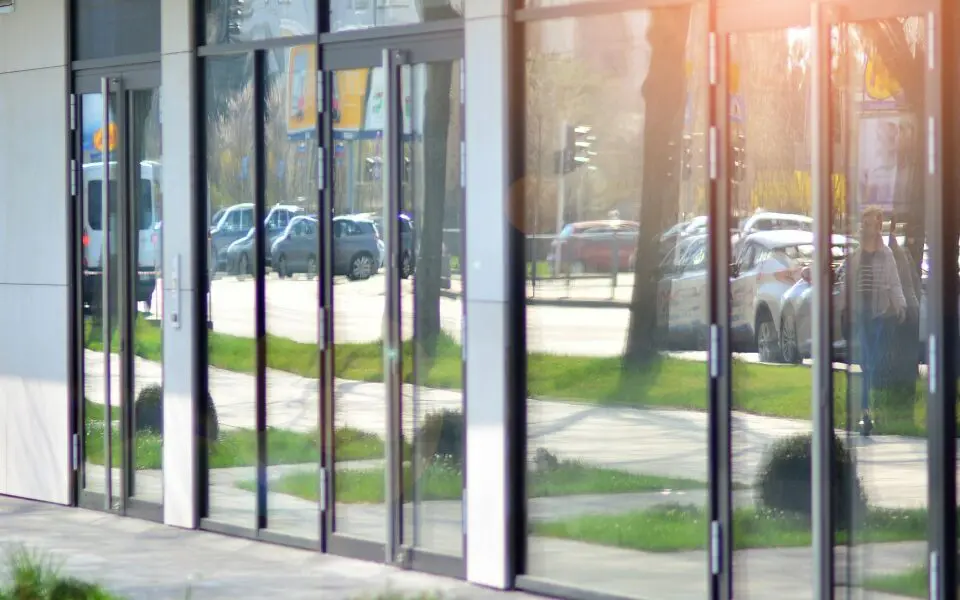 Reflective glass doors street view